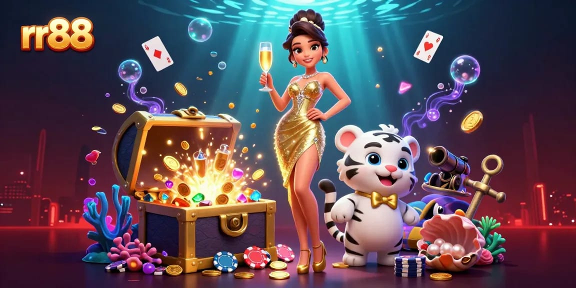 Join the excitement at rr88 with glamorous casino elements and a lucky tiger, showcasing premium gaming!