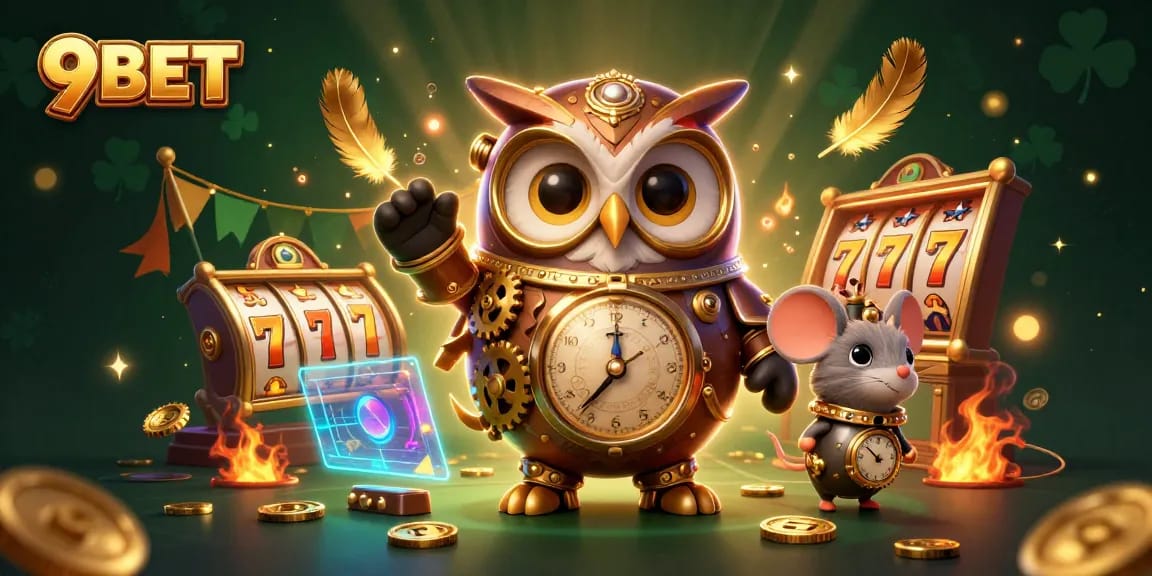 Engage with thrilling slot action at 9BET with vibrant visuals of spinning reels and dynamic casino elements.