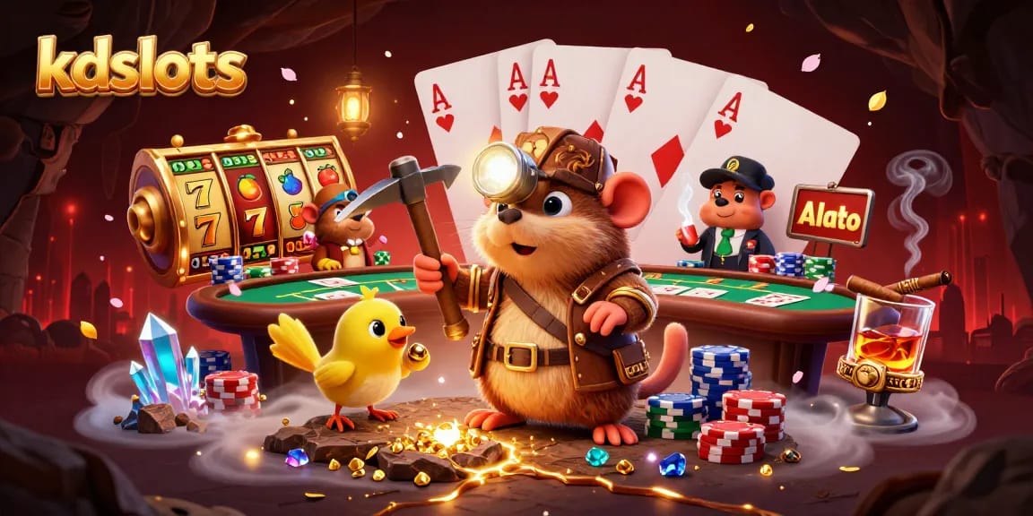 KDslots showcases a thrilling mining adventure with a treasure hunter mole and exciting slot elements in a vibrant casino scene.
