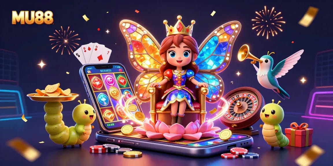 Play vibrant slots at MU88 with the colorful butterfly queen amidst spinning reels and confetti.