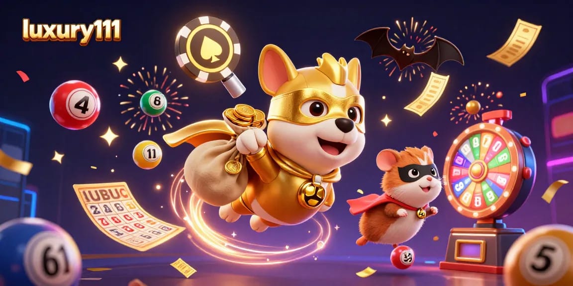 Witness luxury111 in action as the superhero dog flies amidst a vibrant casino scene filled with games and celebration.