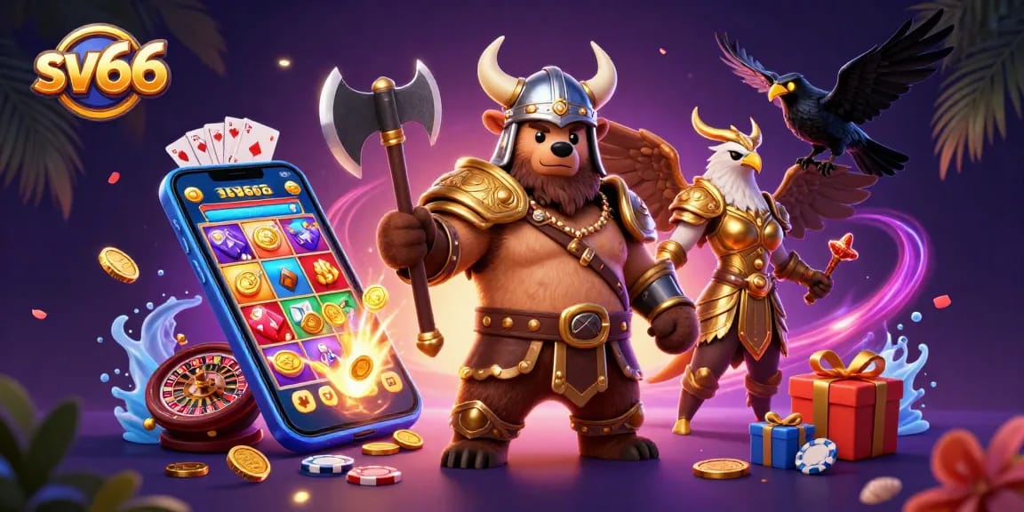 Experience thrilling gameplay at sv66 with a dynamic 3D casino scene showcasing vibrant slot games and action-packed characters.