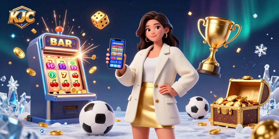 KJC showcases vibrant online sports betting, featuring a detailed illustration of an Asian woman using a betting app.