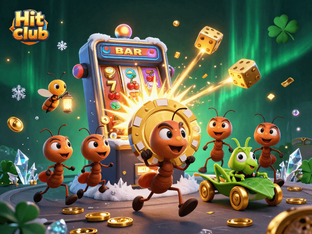 Experience the thrill of Hit club with cartoon ants heisting a giant poker chip amidst vivid casino elements.