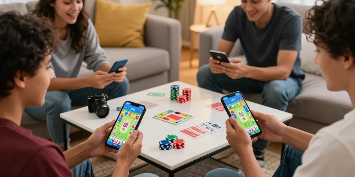 Get app Card Rummy: Friends enjoying multiplayer gaming in a vibrant living room.
