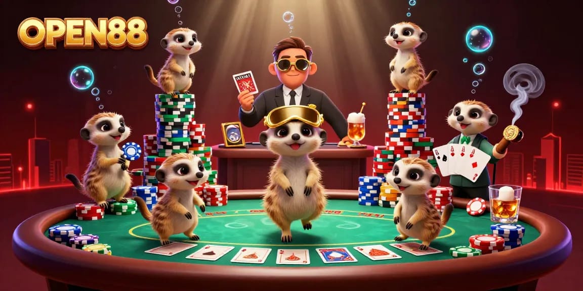 Experience the excitement of OPEN88 with meerkats running a lively casino operation amidst vibrant gaming elements.