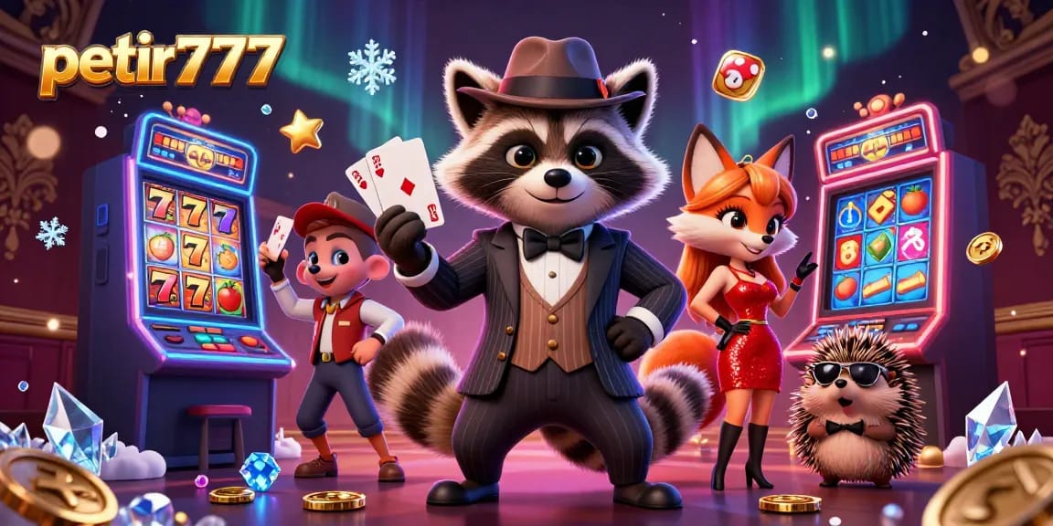 Experience excitement with petir777, showcasing a dynamic casino scene featuring a raccoon, fox, and hedgehog amidst vibrant slot machines.