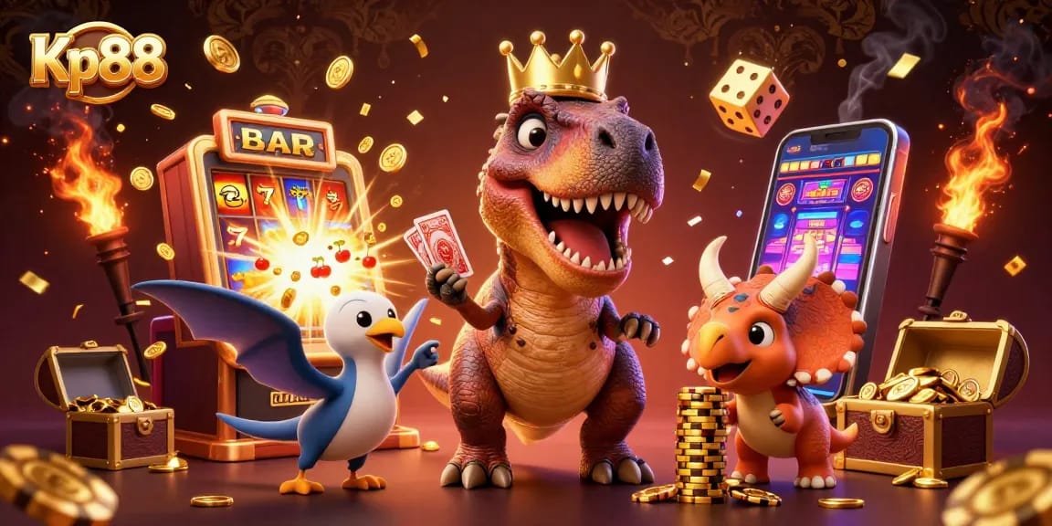 Kp88 delivers an exciting casino experience as a friendly T-Rex and friends play card games.