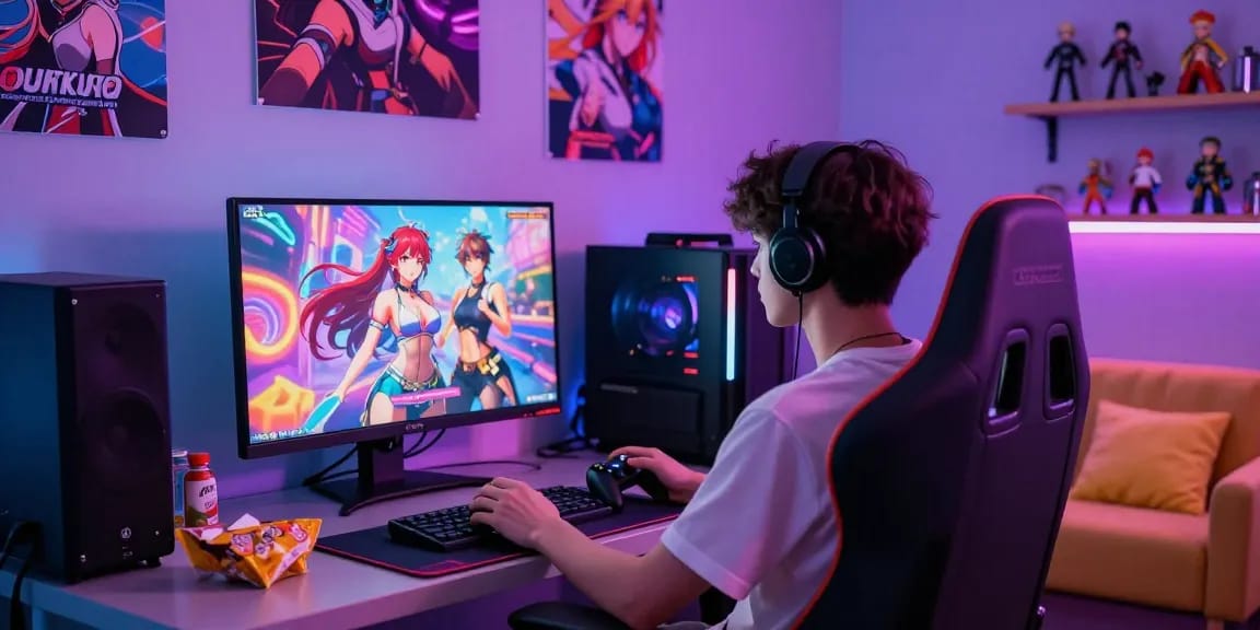 Engaging player enjoying interactive hentai games in a vibrant gaming room setting.