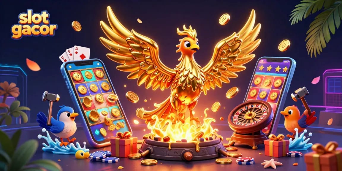 Bermain slot gacor dengan phoenix emas dan smartphone penuh koin di latar belakang kasino yang memikat.