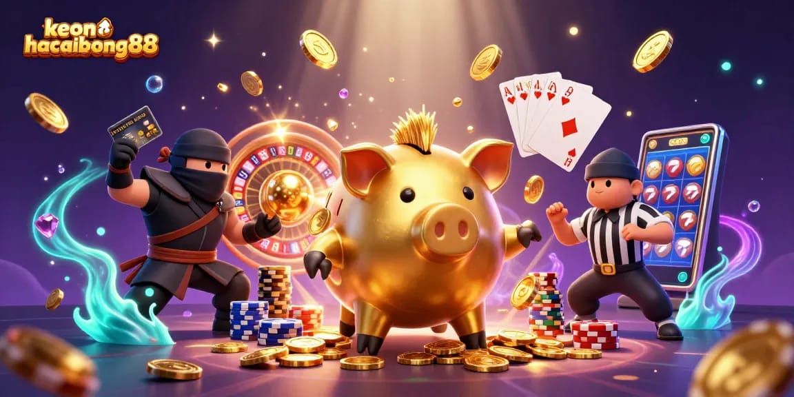 Engage with keonhacaibong88 as the dynamic golden piggy bank sumo wrestler unleashes coins in an exciting casino scene.