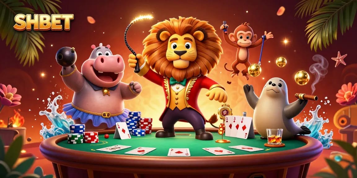 Engage in thrilling gaming at SHBET with a vibrant circus-themed casino illustration featuring animated characters.