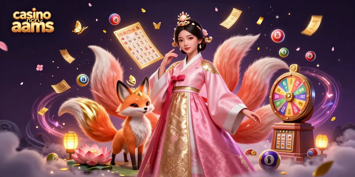 Vivi l'emozione del casinò non AAMS con un'elegante donna asiatica tra elementi vibranti della lotteria.