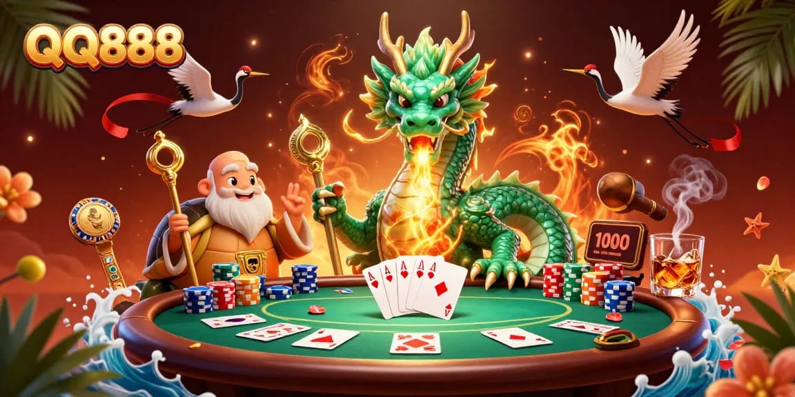 Engage with the QQ888 casino experience featuring an emerald dragon, wise sage, and vibrant poker elements.
