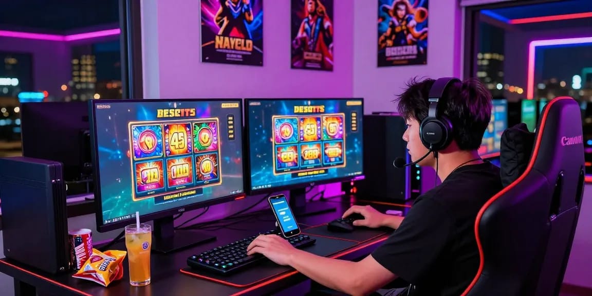 Excited player engaging in online gaming sessions, showcasing deposit pulsa tanpa potongan options on two monitors with colorful lighting.