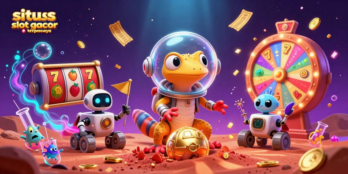 Slot gacor terpercaya dengan simbol slot, gecko Martian dan robot di kasino emas.