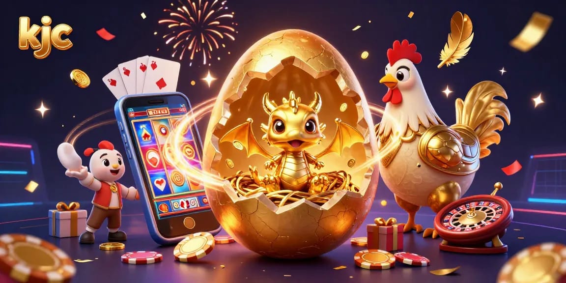 Engage with KJC's vibrant casino world featuring a golden dragon, poker chips, and slot games.