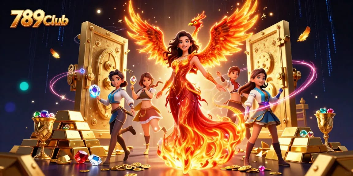 Win big at 789Club with a stunning Asian woman and enchanted phoenix amid treasure in this vibrant casino scene.