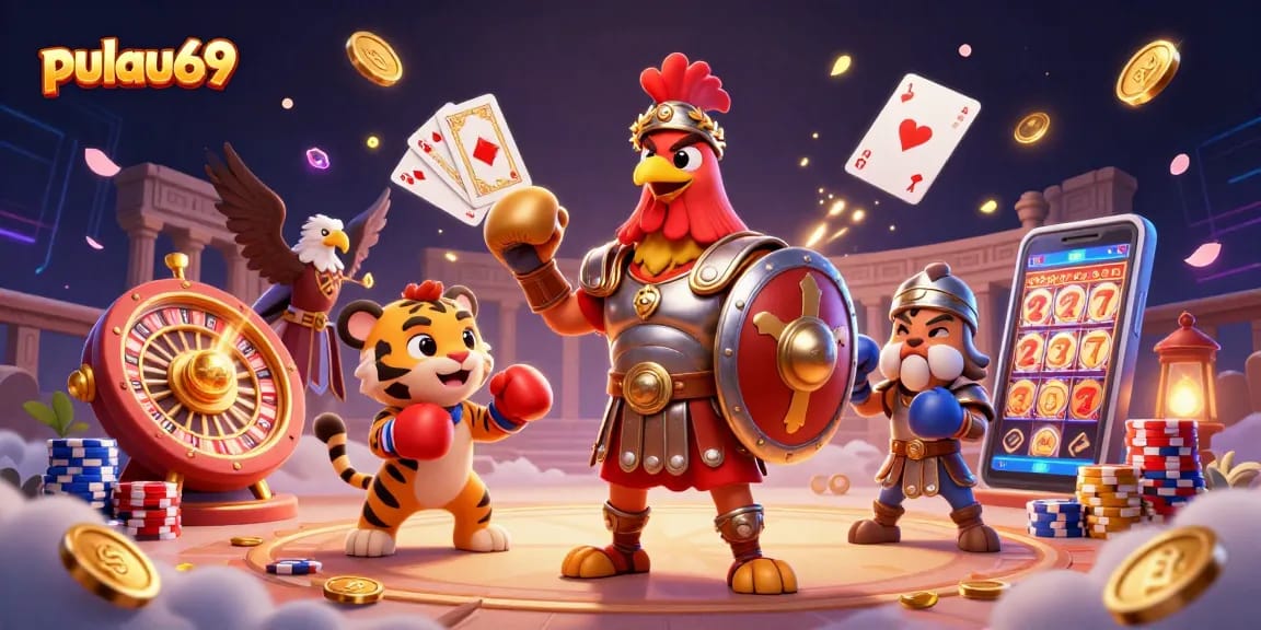 Feel the excitement with pulau69, featuring a gladiator rooster and a tiger cub in an epic casino duel.