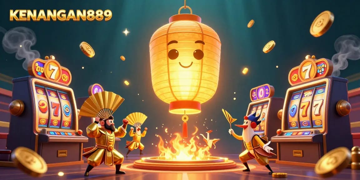 Spin the reels with KENANGAN889; enjoy vibrant casino elements and enchanting characters in this captivating illustration.