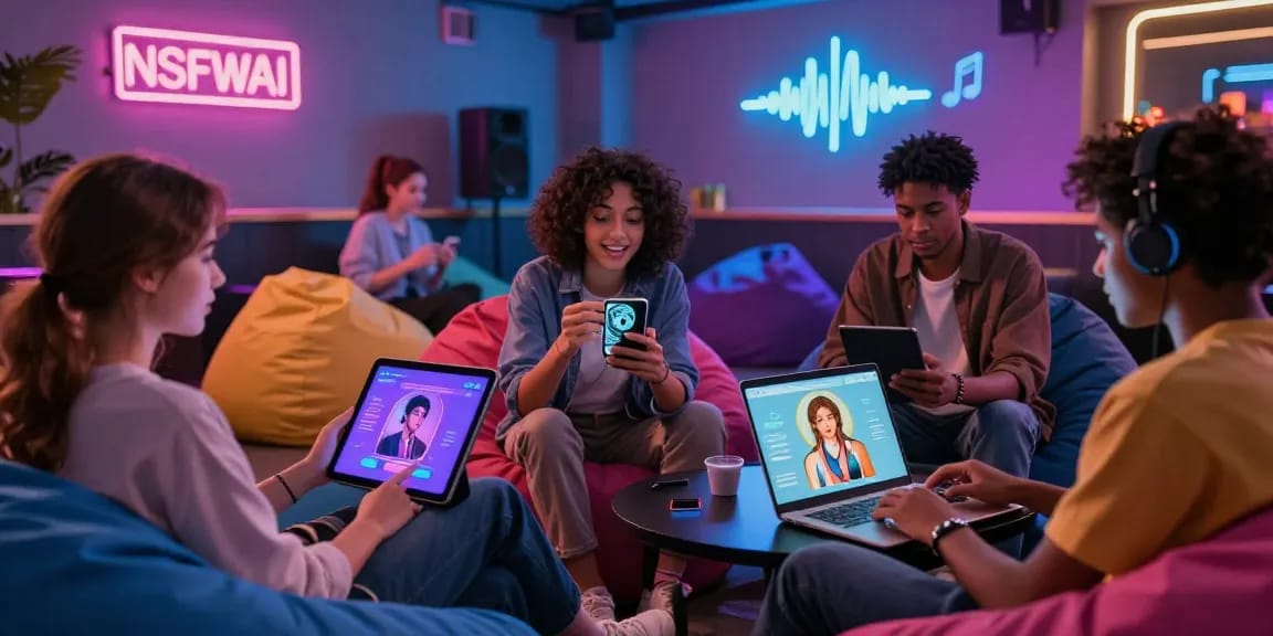 Friends interacting in a digital lounge with NSFW AI chatbots on various devices, vibrant atmosphere.
