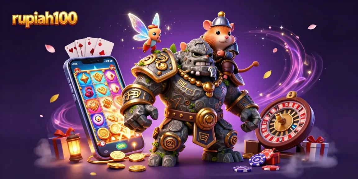 Engage with the thrilling world of rupiah100 as golden coins and vibrant slot games explode in this magical 3D scene.