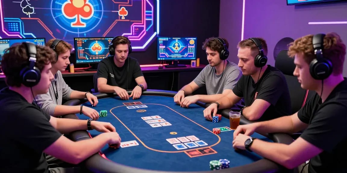 Online poker players engaging in Daftar Domino8 in a vibrant virtual gaming room.