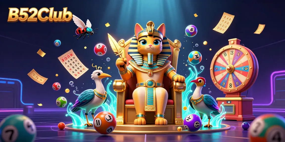 Engage in thrilling gameplay with B52Club featuring a vibrant 3D scene of a pharaoh cat and lottery elements.