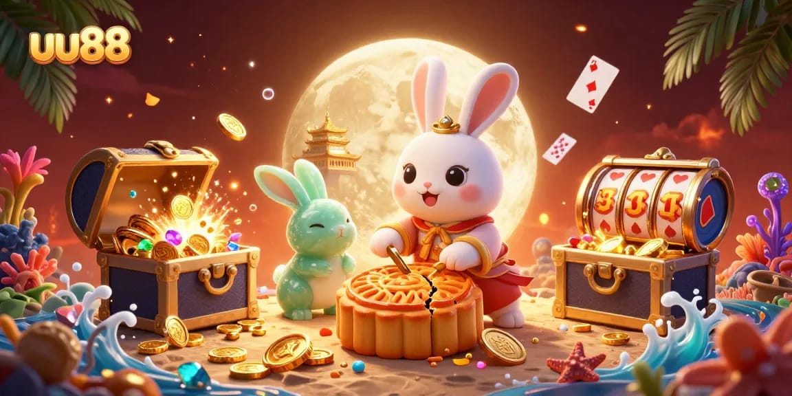 uu88 players diving into an exciting gaming world with vibrant characters, golden mooncakes, and poker chips.