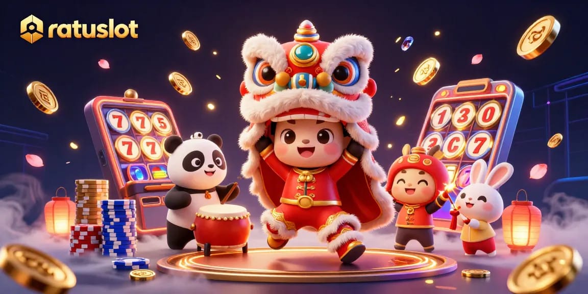 Experience the excitement of ratuslot with brightly colored slot reels and energetic characters in a festive atmosphere.
