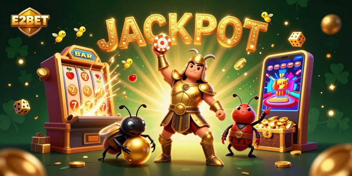 E2BET brings excitement with a victorious beetle amidst vibrant casino elements and jackpot thrills.