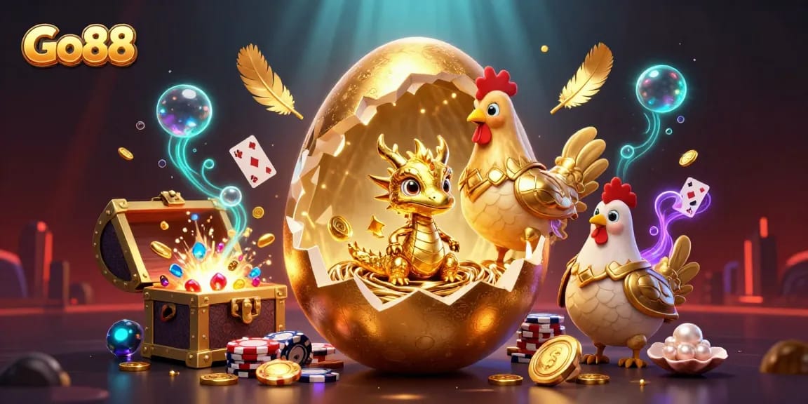 Experience thrilling gameplay with Go88, featuring a golden dragon, poker chips, and dynamic casino elements.