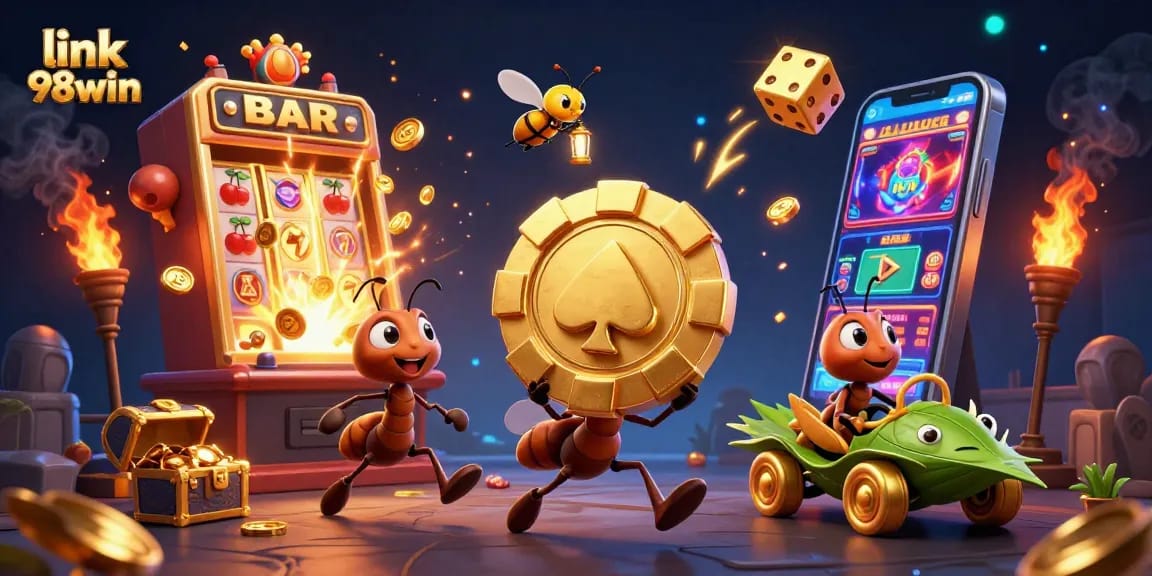 Experience the excitement of link 98win as ants steal a giant poker chip amidst dazzling casino elements.