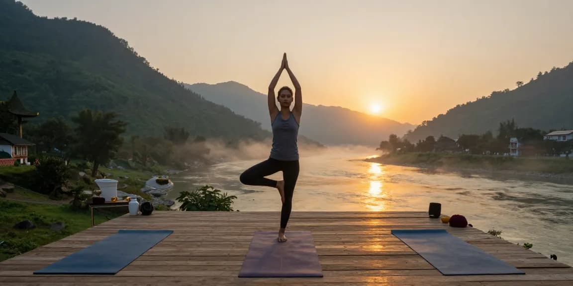 Practicing 200 hour yoga teacher training in rishikesh during sunrise, surrounded by nature and a calm atmosphere.