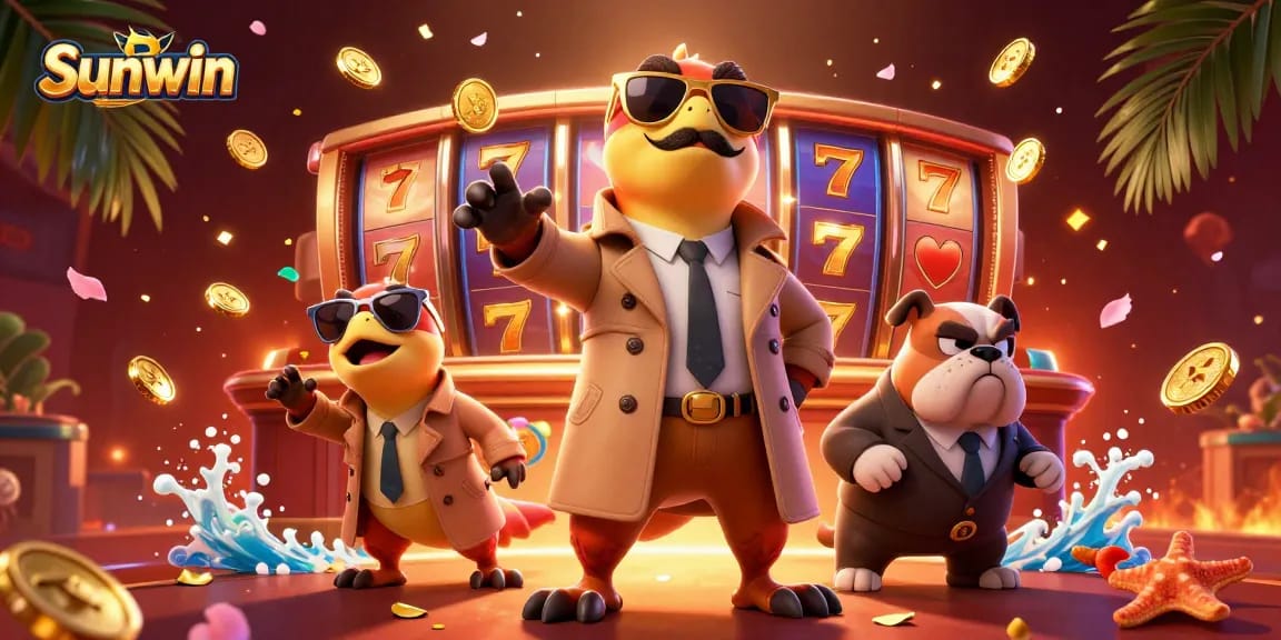 Experience Sunwin's vibrant gaming atmosphere with animated slot reels and fun characters.