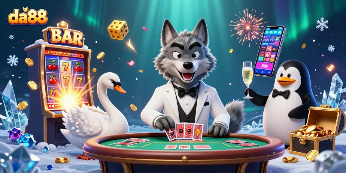 Experience dynamic gambling at da88 with a wolf, swan, and penguin in a vibrant casino scene.