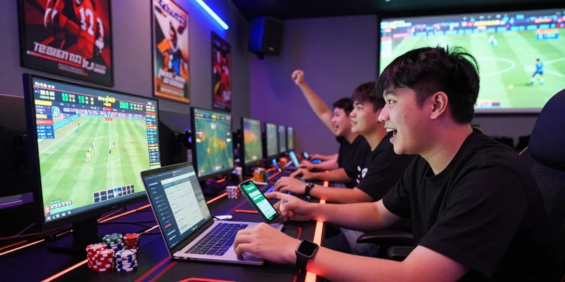Pria bersemangat ikut terjun4d sambil bertaruh di lounge modern dengan layar pertandingan.