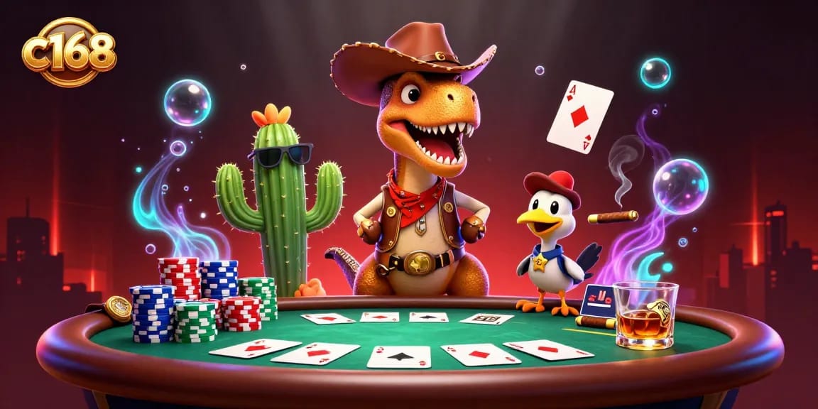c168 interactive poker experience with cartoon dinosaur, poker elements, and vibrant gaming atmosphere