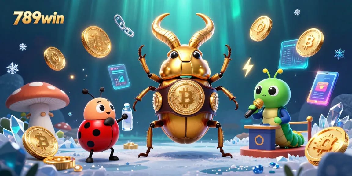 Experience gambling excitement with 789win's vibrant casino scene featuring cartoon creatures and cryptocurrency elements.
