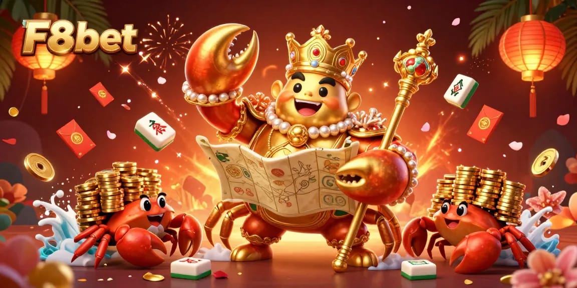 Engage with exciting F8bet gameplay alongside a golden crab emperor in this vibrant casino illustration.