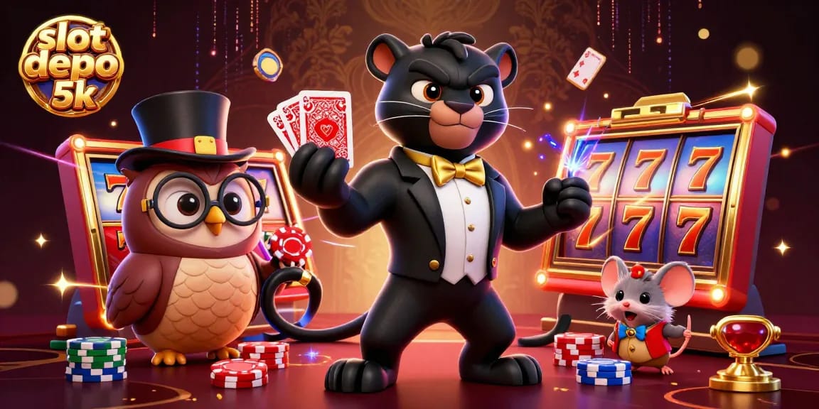 Spin to win with slot depo 5k in a vibrant casino scene featuring a tuxedoed panther and whimsical friends.