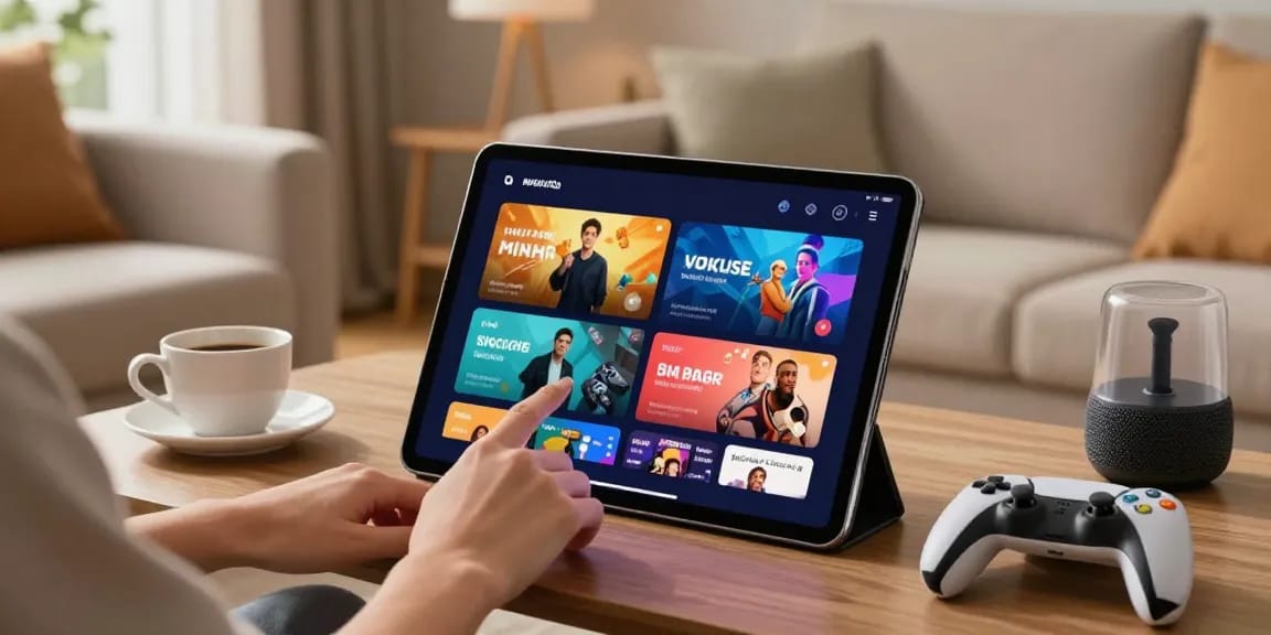 Pengguna menikmati platform hiburan digital Katsu5 dengan antarmuka interaktif dan fitur lengkap di ruang tamu nyaman.