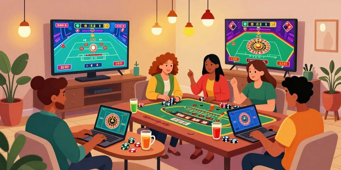A lively online gaming setup showcasing friends enjoying casino non aams games together in a vibrant living room.