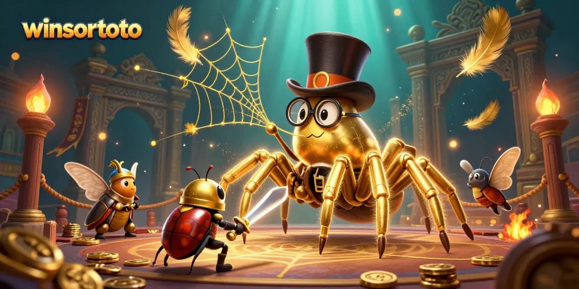 Experience the thrill of winsortoto as a golden tarantula weaves luck in a vibrant casino scene.