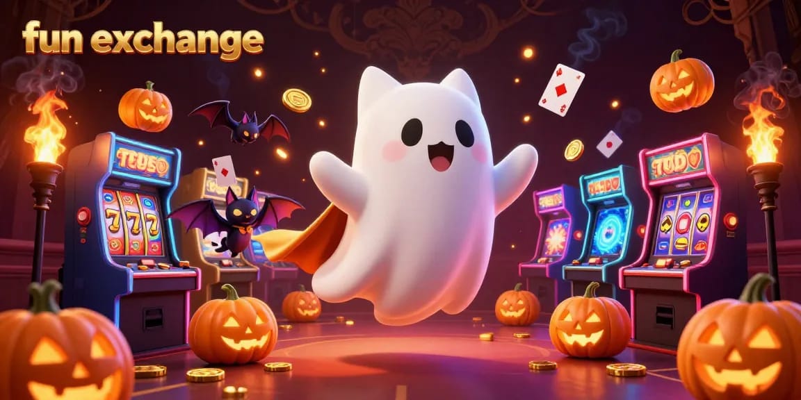 Engage with fun exchange gaming action in a vibrant 3D casino scene featuring a friendly ghost cat and vampire bat.