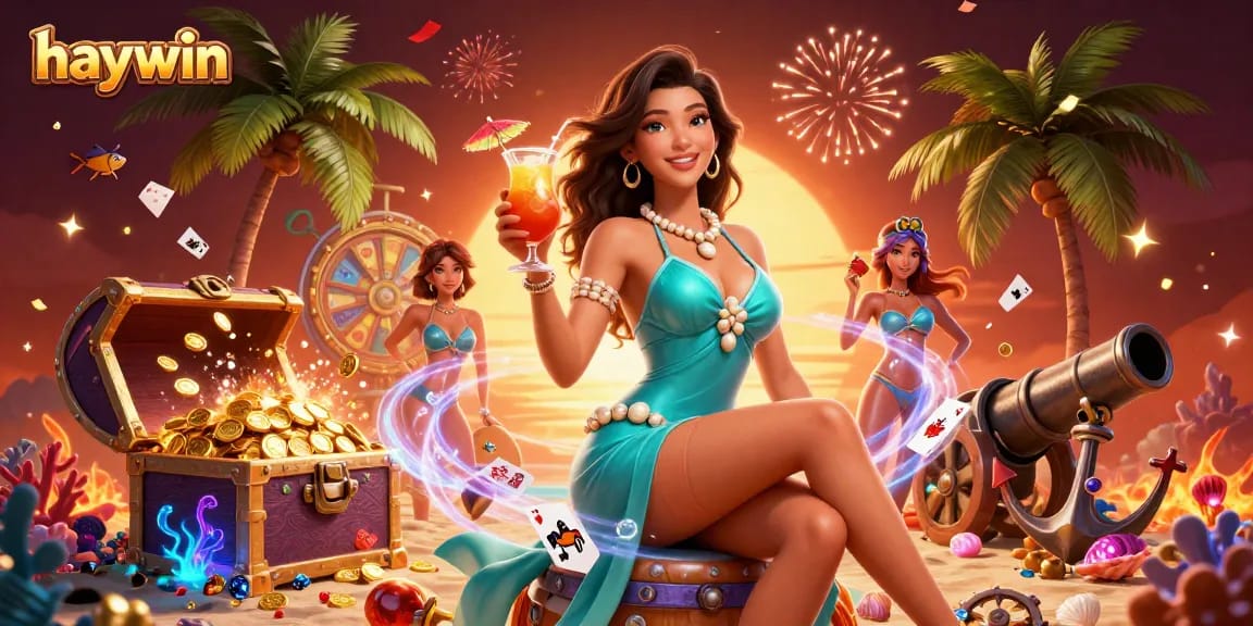 Play exciting casino games at haywin, featuring vibrant visuals of a stunning beach resort.