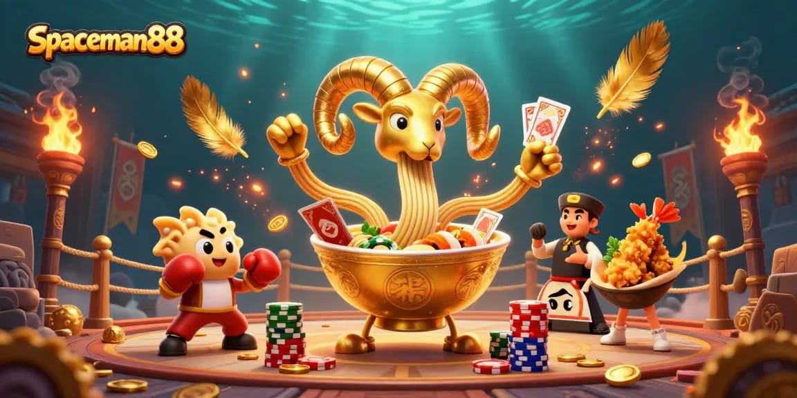 Engage in thrilling gameplay with spaceman88 in a vibrant casino atmosphere featuring a giant ramen bowl dealer.