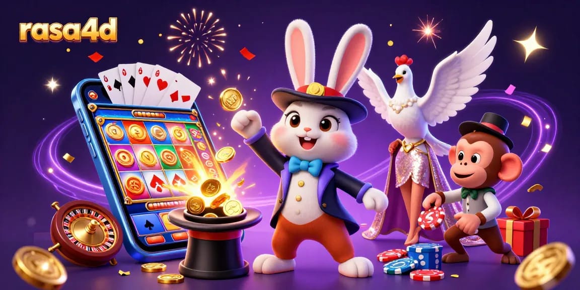 Menghadirkan rasa4d dengan ilustrasi 3D kasino penuh keajaiban dan keceriaan, menampilkan karakter kelinci magis dan elemen perjudian.