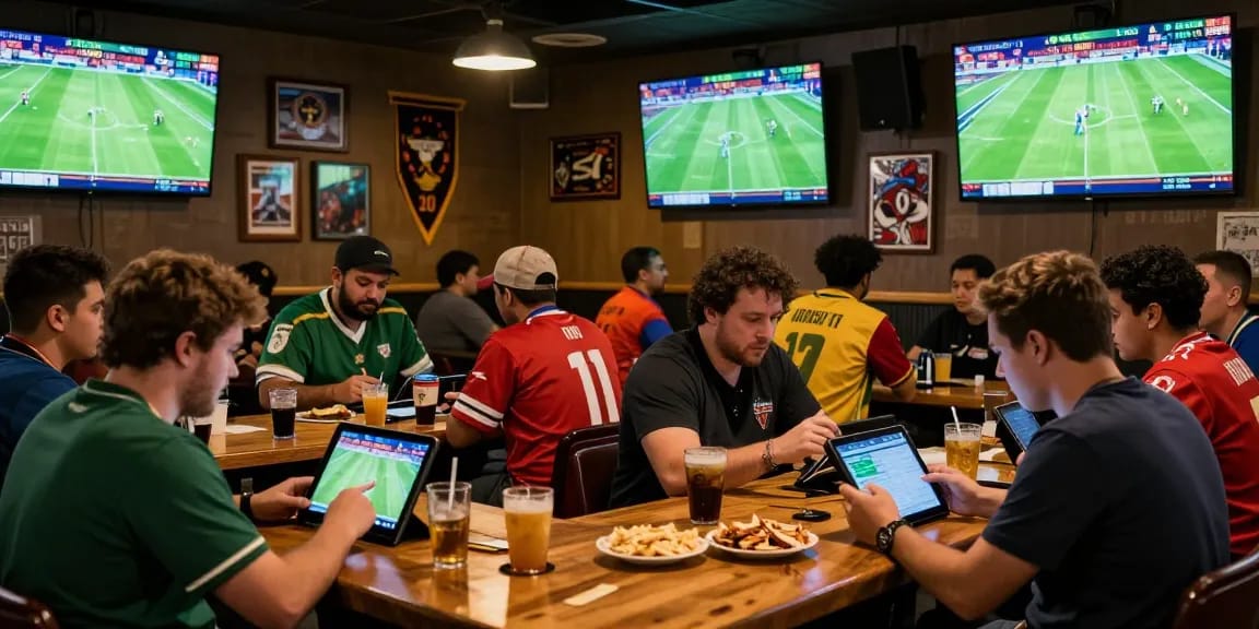 Soi kèo scene in a vibrant sports bar with fans analyzing matches and betting odds.