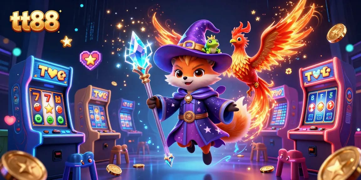 Play exciting slot games with tt88 in a vibrant 3D cartoon casino scene full of magical elements.